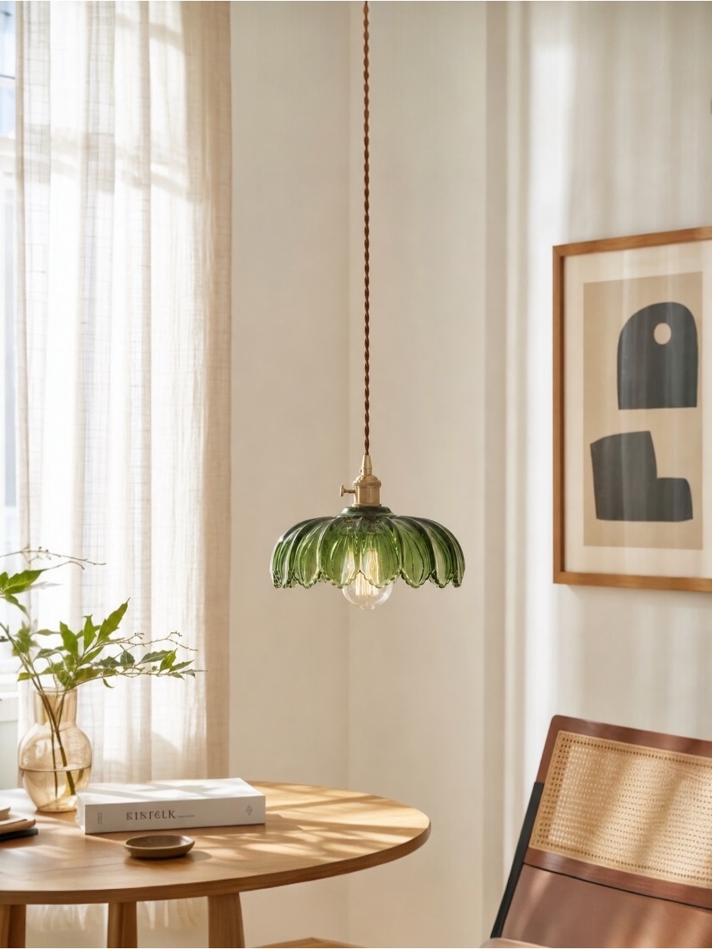 NEW West Elm Vintage Green Retro Glass Hanging Gold Floral Pendant Light Fixture - Picture 5 of 12